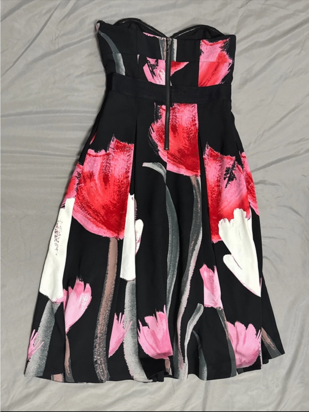 Strapless Black Floral Fit-and-Flare Dress with Pink & Red Blooms